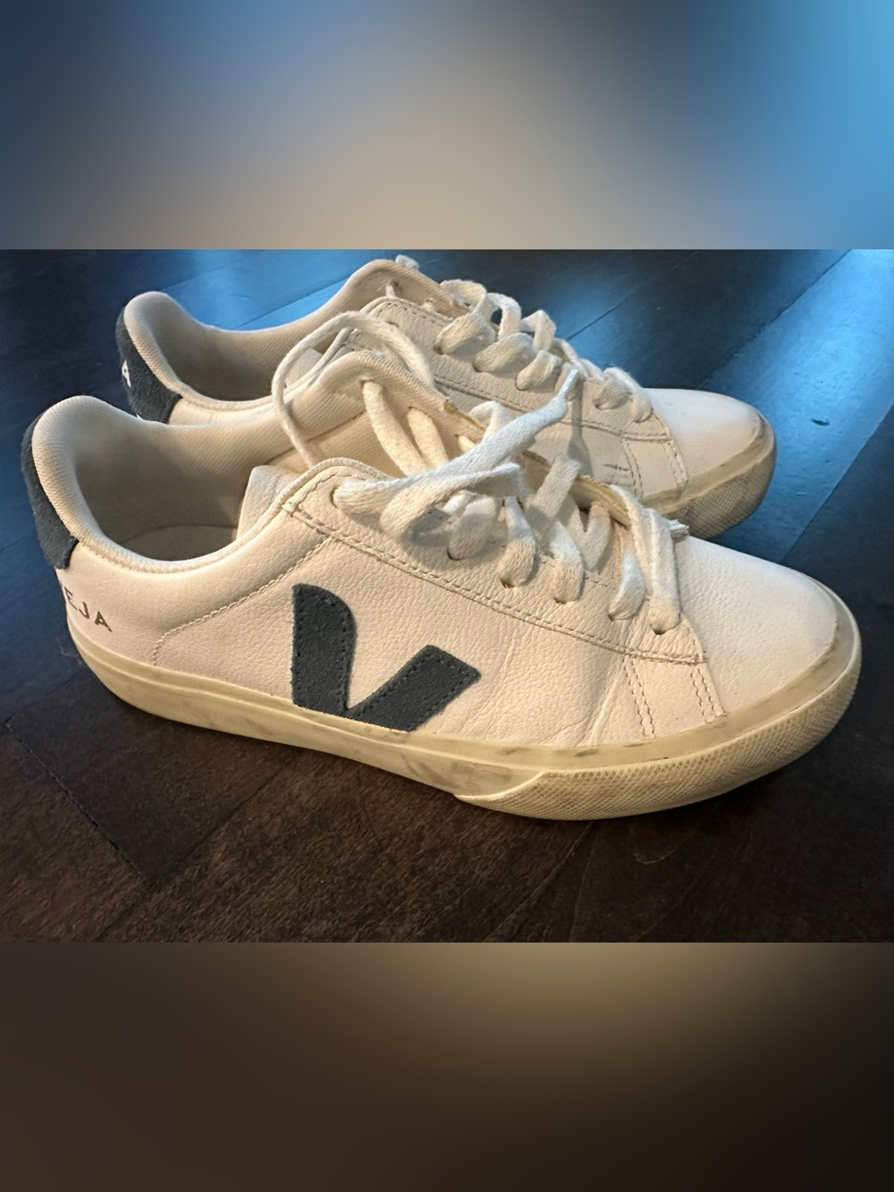 Veja Women’s White Leather Sneakers with Gray V Logo Accent
